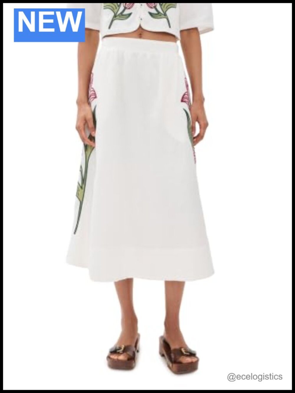 Linen Floral Embroidered Midi Skirt High Rise Side Pockets Summer